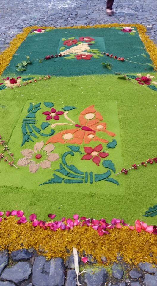 colorful sawdust carpet with green base and butterflies and flowers