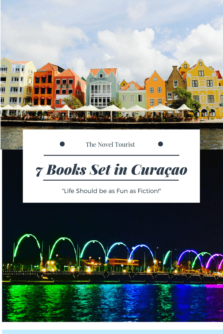 7 books set in Curaçao with pictures of floating bridge and coast