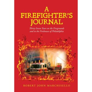 Book Cover A firefighters journal. It's red wiht a firetruck and flames on the front. perfect to pair with touring the fireman's hall museum