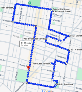 Little Free LIbrary route mapped out on google maps near Italian Market. 