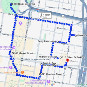 Walking map of old city Philadelphia with points of interest to locate little free libraries and little free(dom) libraries