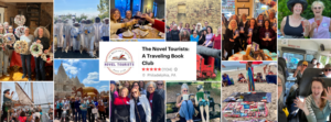 compilation of photos of people  who are The Novel Tourist Book Club members enjoying literary adventures inspired by books