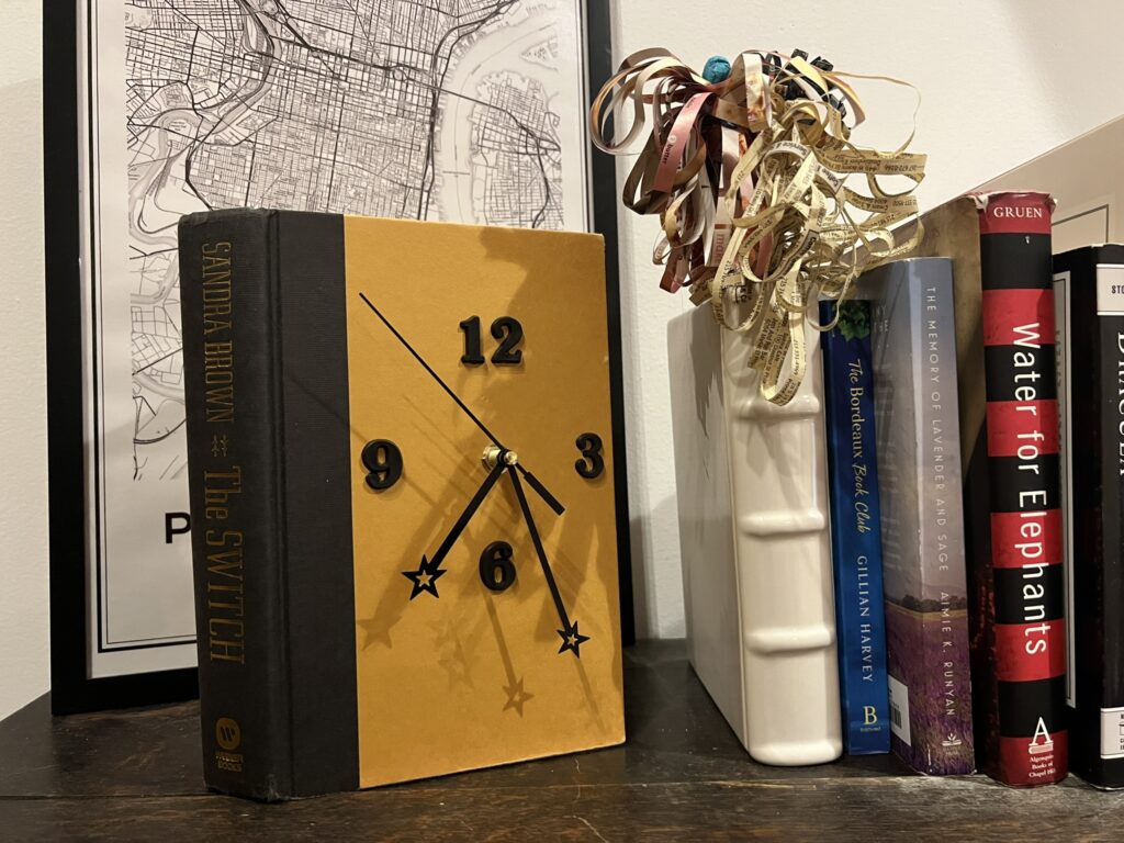 DIY book clock tutorial - display on shelf of hard cover book turned into a clock